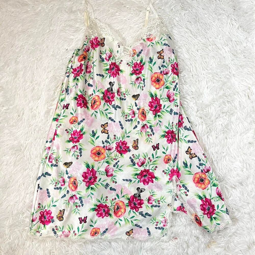 Victoria's Secret Lingerie Slip Size L White Pink Floral‎ Lace Butterfly Dress